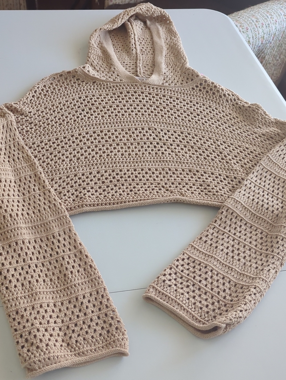 Sincerely Jules Beige Crochet Off-the-Shoulder Hooded Sweater